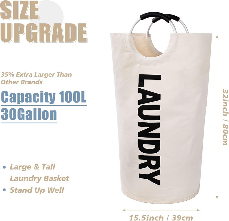 Twira 100L Large Laundry Basket, Laundry Hamper Stands Up Well, Laundry Bag with Padded Handles, Waterproof Clothes Bin Collapsible, Clothes Hamper for Bathroom, Laundry, College (Beige) - Image 2